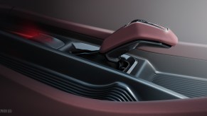 Closeup of the pistol grip shifter in the new Dodge Charger Daytona SRT EV.