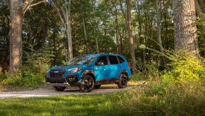 A light blue 2022 Subaru Forester Wilderness compact SUV model parked on a forest trail bathed in sunlight