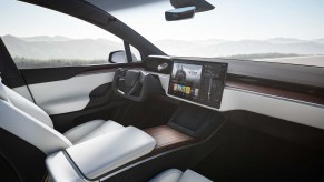 Interior of a 2022 Tesla Model X. It's not recommended by Consumer Reports because of missing technology.