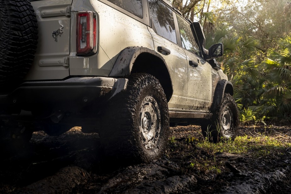 The rear end of a 2022 Ford Bronco Everglades SUV.