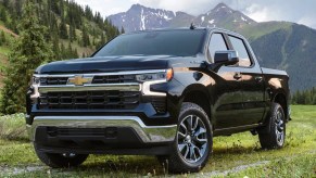 Black 2023 Chevrolet Silverado 1500 posed on a hill