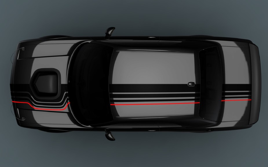 The 2023 Dodge Challenger Shakedown features stripes that bracket the Last Call Challenger Shaker hood.