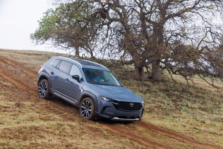 A 2023 Mazda CX-50 compact SUV driving on a dirt desert trail near a near barren tree