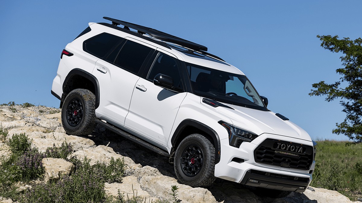 White 2023 Toyota Sequoia TRD Pro going down a rocky hill