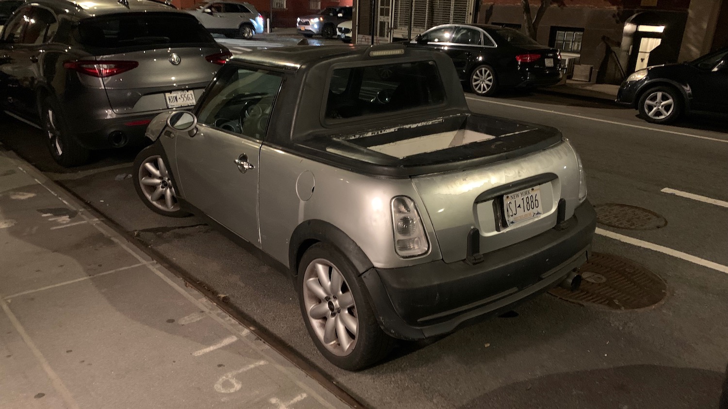 The bed of a custom Mini Cooper compact pickup truck.