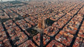 Birds-eye view of the uniquely shaped blocks of Barcelona Spain and their octagonal intersections.