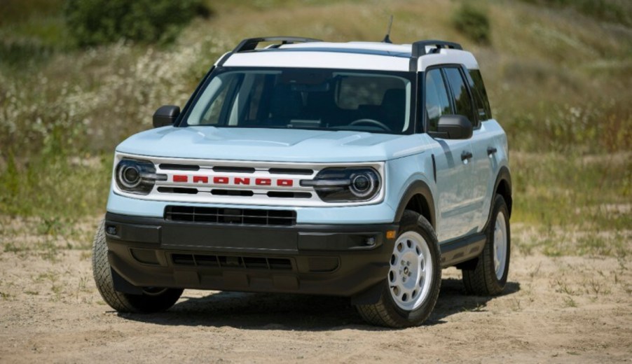 A 2023 Ford Bonco Sport Heritage Edition shows off its two-tone paint job.