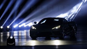 The C8 Corvette, like this one cast in shadow, is quick enough to outrun a Mustang GT.