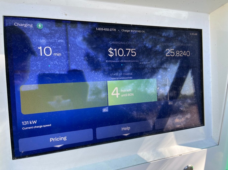 The screen on the Level 2 charger shows the charging times and cost.