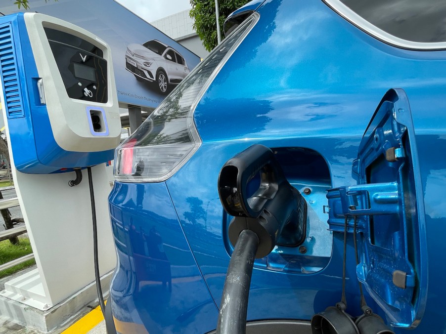 A blue hybrid or EV charging. Something to consider when buying a hybrid or EV