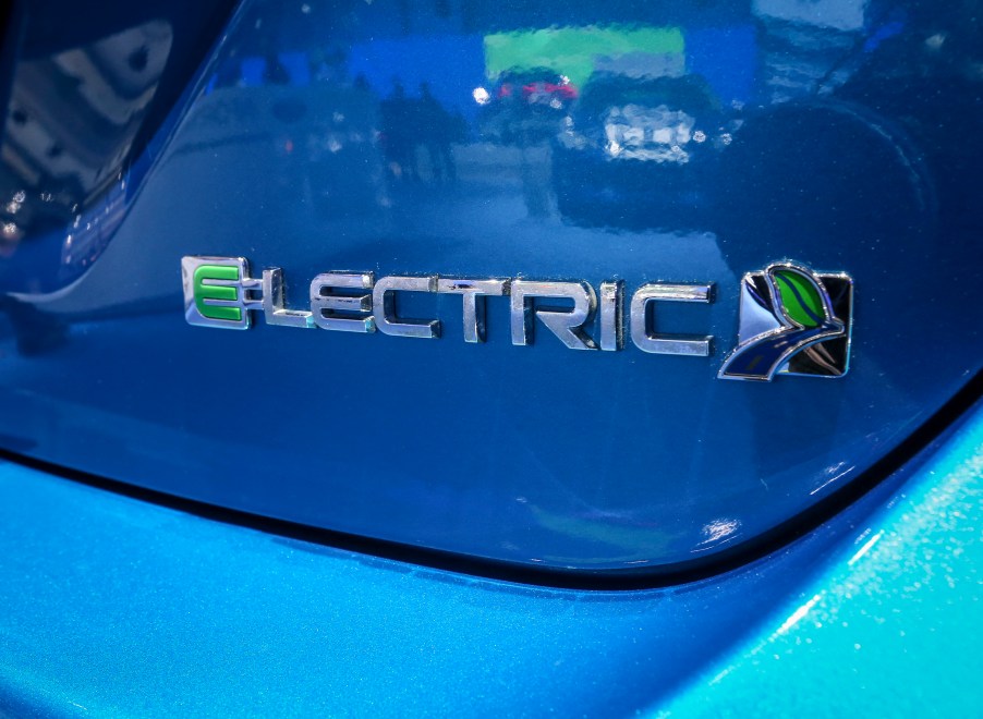 The Ford Focus electric badge up close