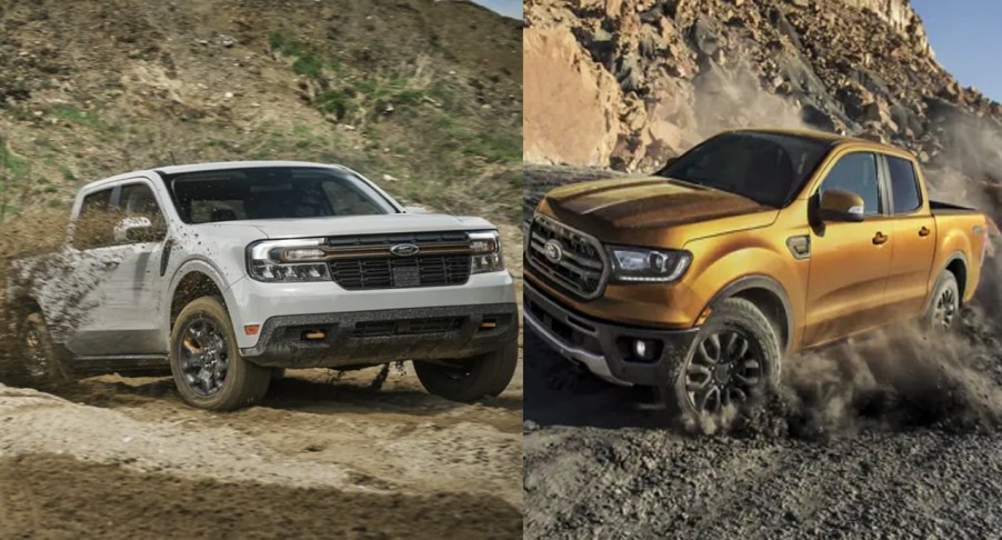 Gray Ford Maverick (L), yellow Ford Ranger (R).