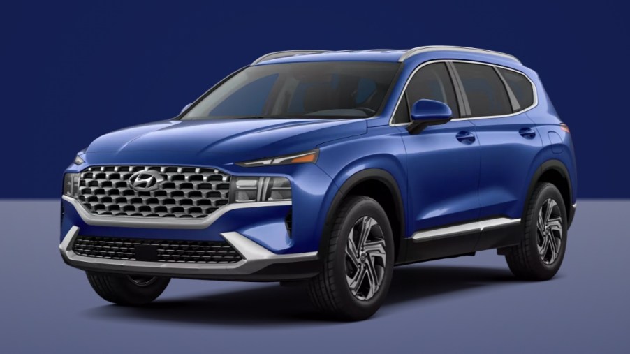 Front angle view of 2023 Hyundai Tucson crossover SUV with Stormy Sea exterior paint color option