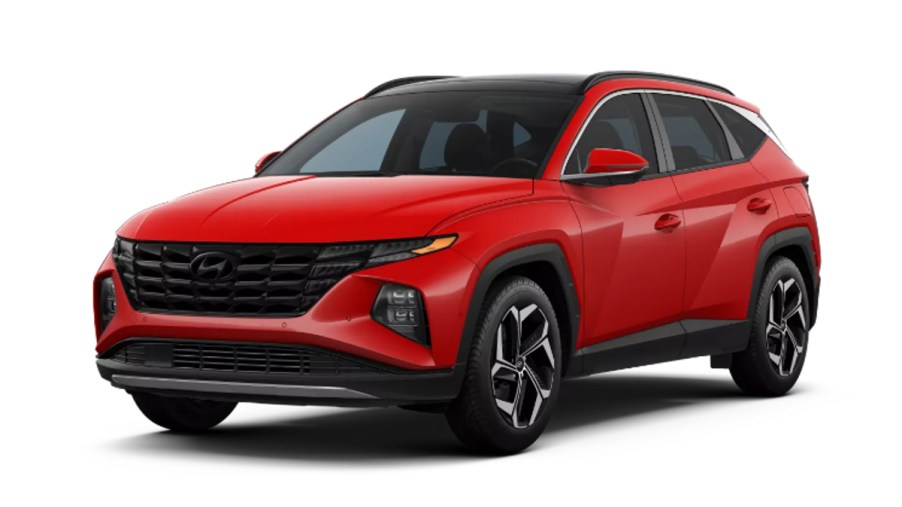 Front angle view of 2023 Hyundai Tucson crossover SUV with Calypso Red exterior paint color option