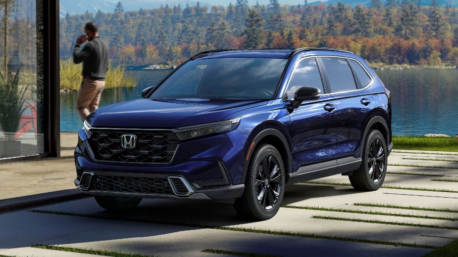 Front angle view of blue 2023 Honda CR-V