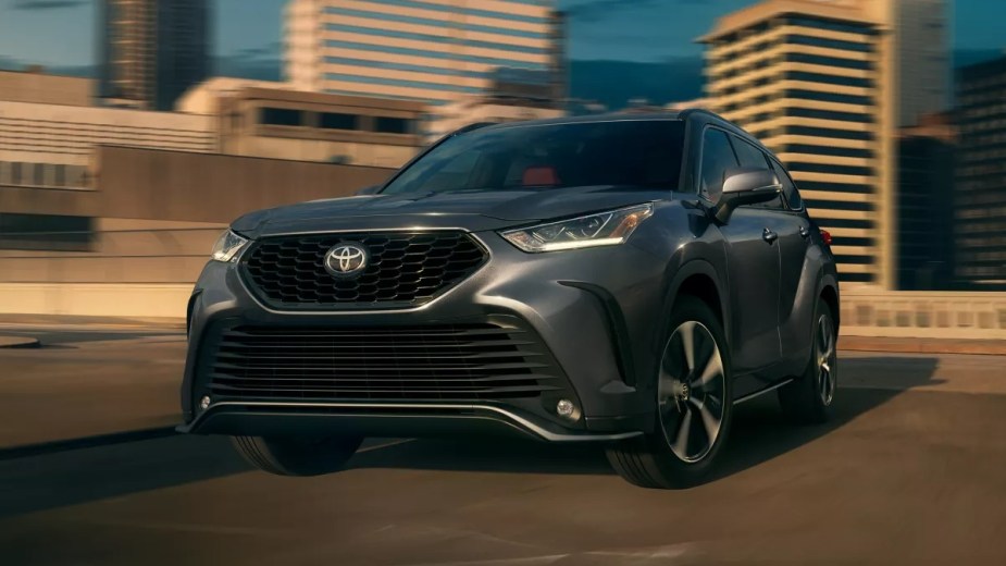 Front angle view of dark gray 2023 Toyota Highlander