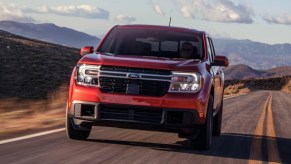 Front angle view of orange 2023 Ford Maverick pickup truck