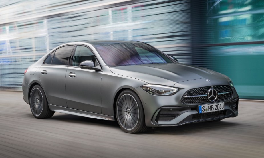 Front angle view of silver 2023 Mercedes-Benz C-Class, highlighting why luxury cars have boring alphanumeric names