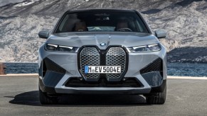 Front view of gray 2023 BMW iX, highlighting why car grilles are getting so big