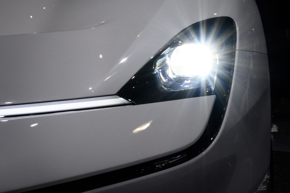 Daylight running lights on a white car. 