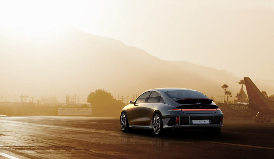 A Hyundai Ioniq 6 parked at dusk