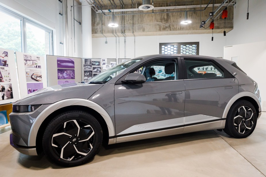 A grey Ioniq 5 parked indoors. 