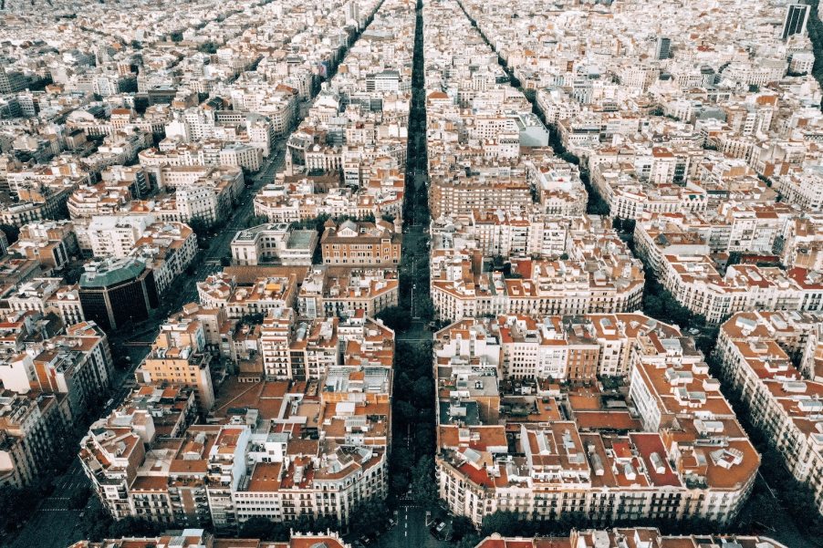 A view of Barcelonas city super block organization with two-way thoroughfares and local streets.