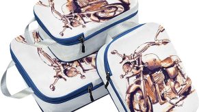 Product photo of a set of packing cubes with a motorcycle printed on them, from Amazon.