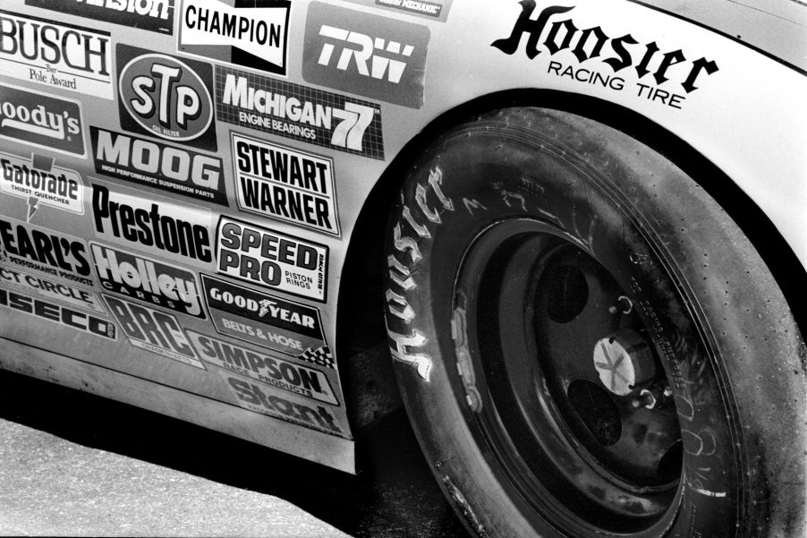 A 1988 Daytona 500 NASCAR racecar covered in sponsor decals