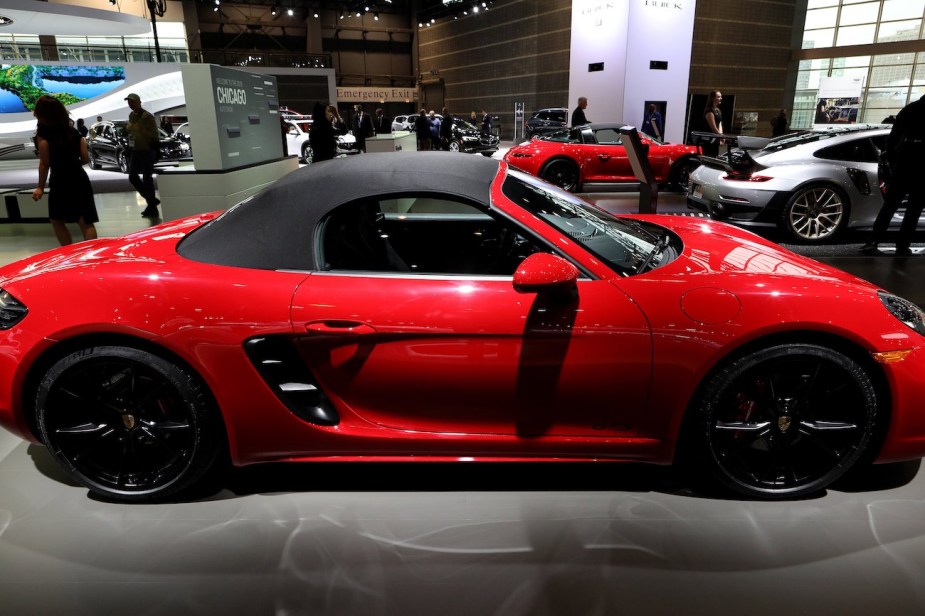 A 2018 Porsche 718 Boxster GTS is on display at the 110th Annual Chicago Auto Show.