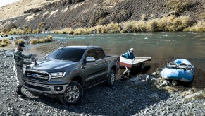 A 2023 Ford Ranger shows off its capability at a lake.