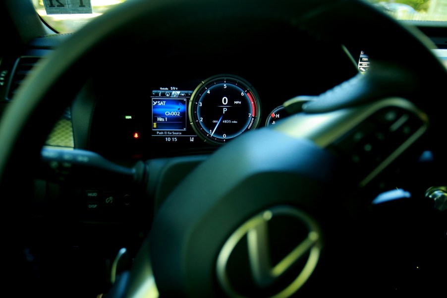 The electronic tachometer in a 2016 Lexus GS200t F Sport showing the turbocharged engine's RPM