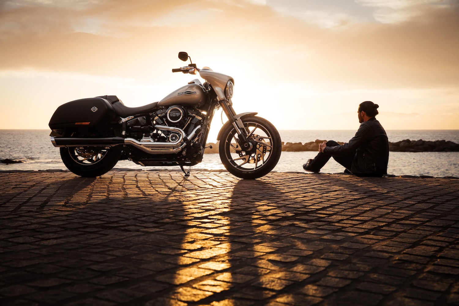 A man sits next to his motorcycle, staring at the ocean beyond, flagstones visible in the foreground.