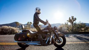 A Harley Davidson motorcycle rider standing up while navigating a paved road through the desert.