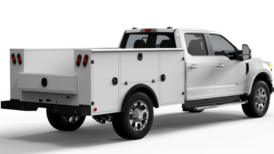 Render of a Ford F-Series pickup truck with a custom utility body installed in place of the regular bed.