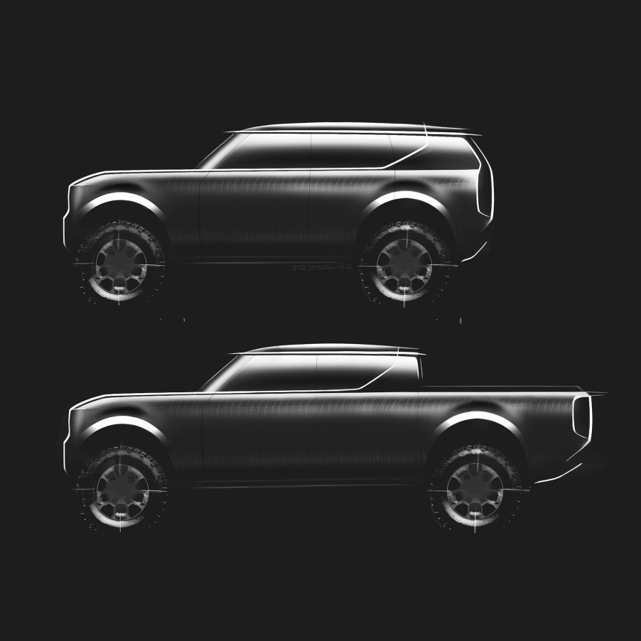 A black and white sketch of the Volkswagen EV pickup truck models.