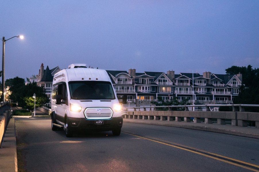 A Winnebago e-RV driving at night, the Winnebago e-RV is an electric RV