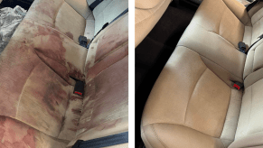 A Hyundai interior that appears to have blood stains on he rear seats