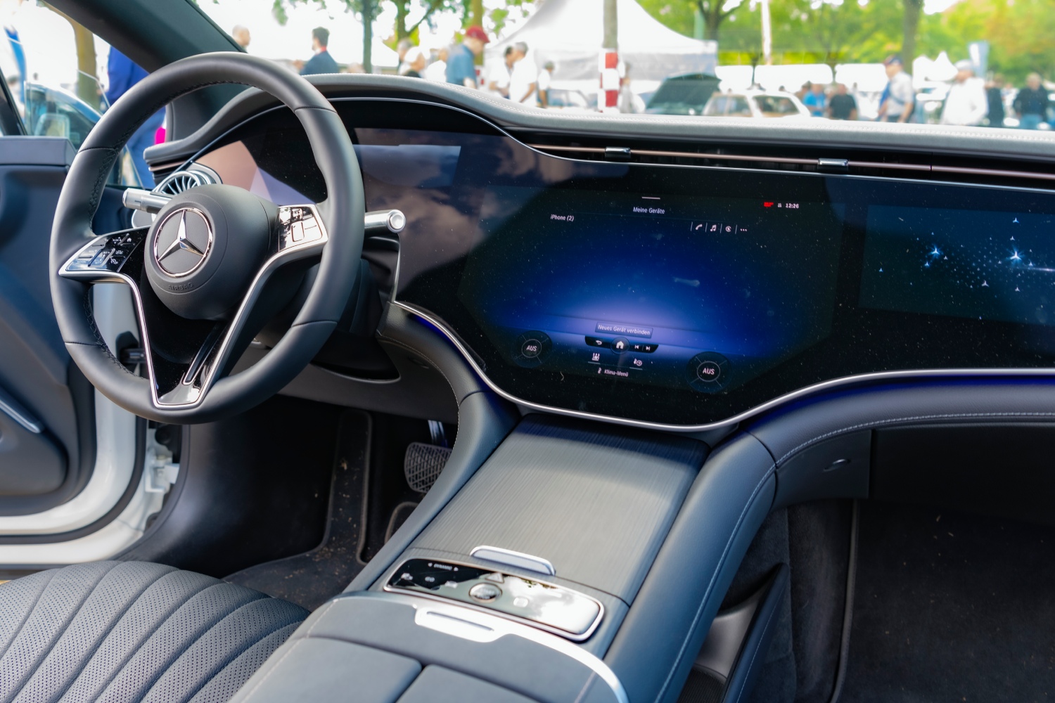 The car's dark interior on this Mercedes-Benz EQS