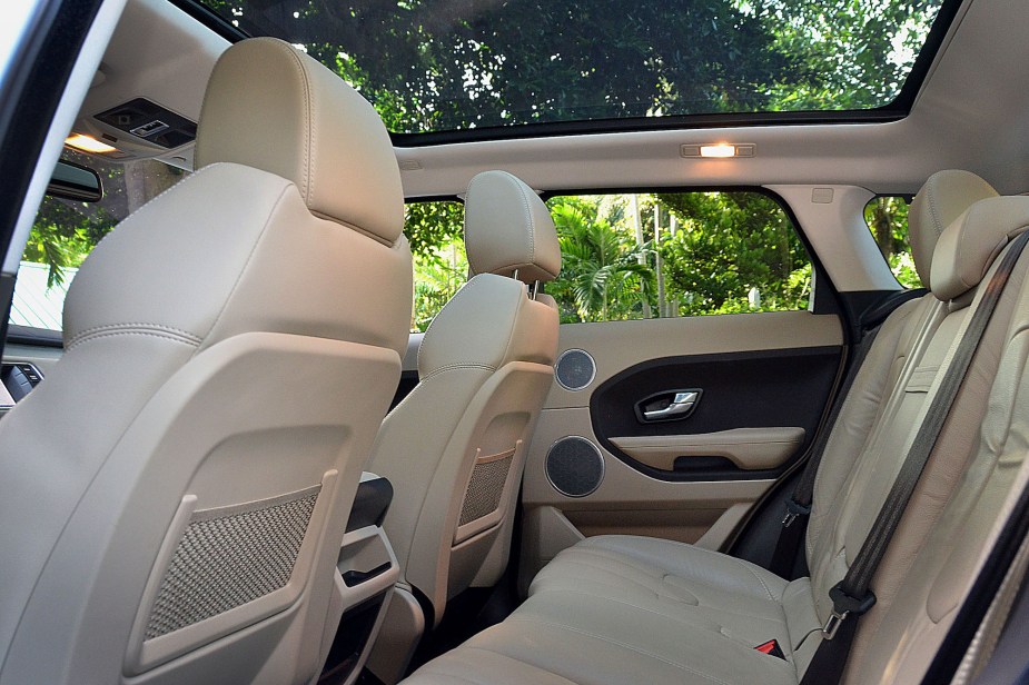 A sunroof inside of a car. 