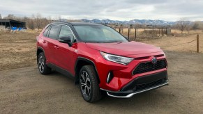 An exterior view of a red Toyota RAV4