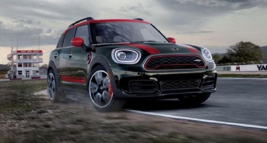 A black 2022 Mini Countryman on a racetrakc.