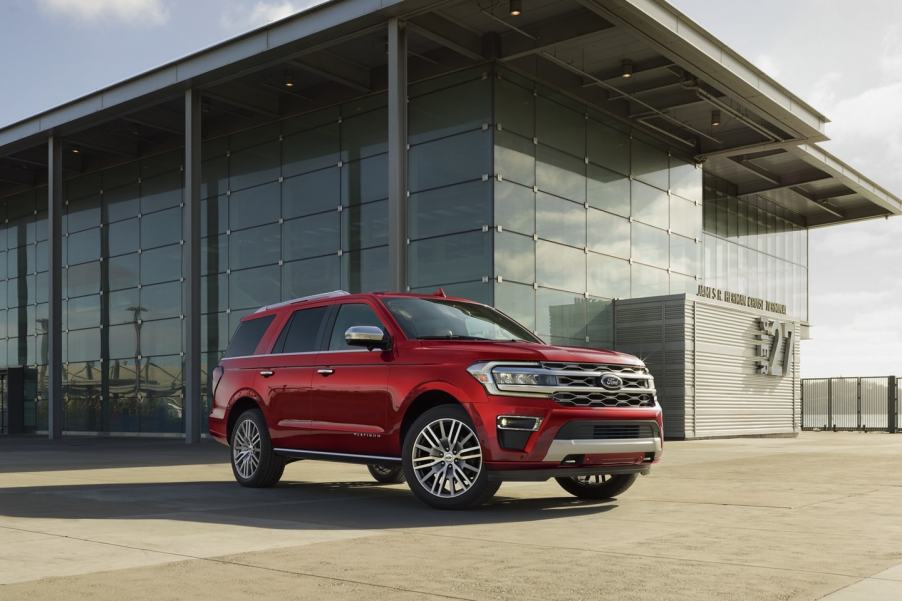 2022 Ford Expedition in red parked outside. There's 1 reason the Platinum trim is worth the upgrade.