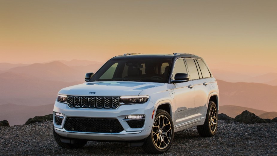 White 2022 Jeep Cherokee posed with sunset background