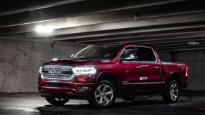 a red 2022 Ram 1500 Limited in a parking garage