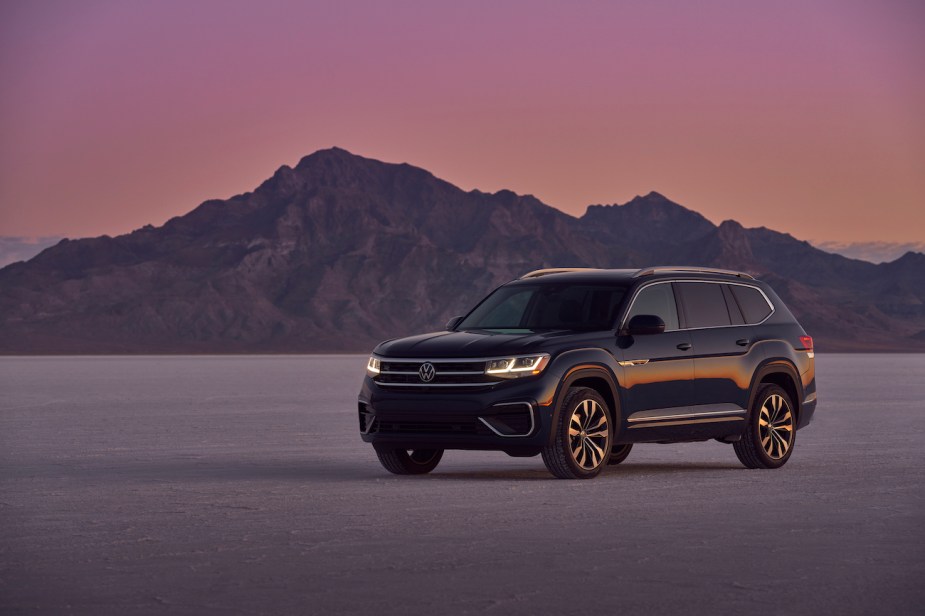 A front view of the 2022 Volkswagen Atlas in the desert. Is it a three-row SUV?