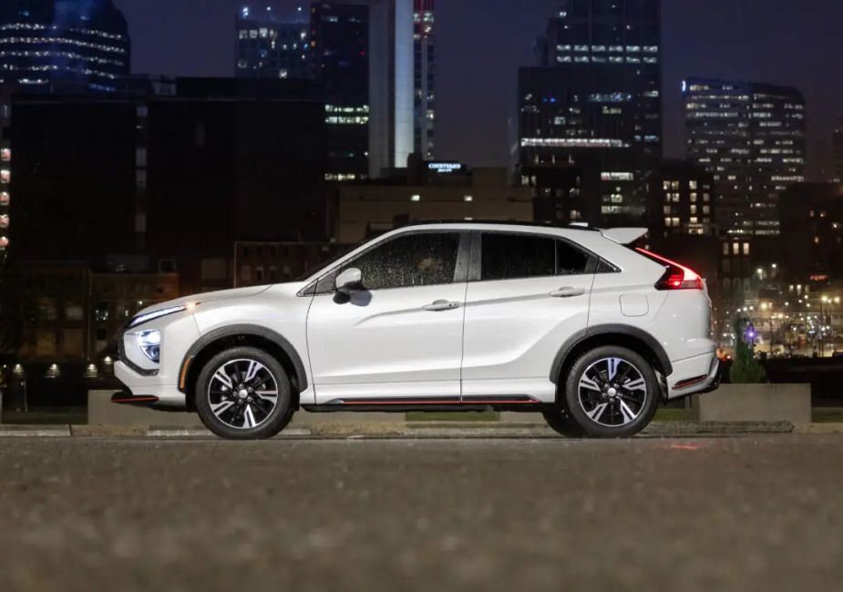 2022 Mitsubishi Eclipse Cross compact SUV parked outside in rain. It's the only model in its segment always under $30,000. 