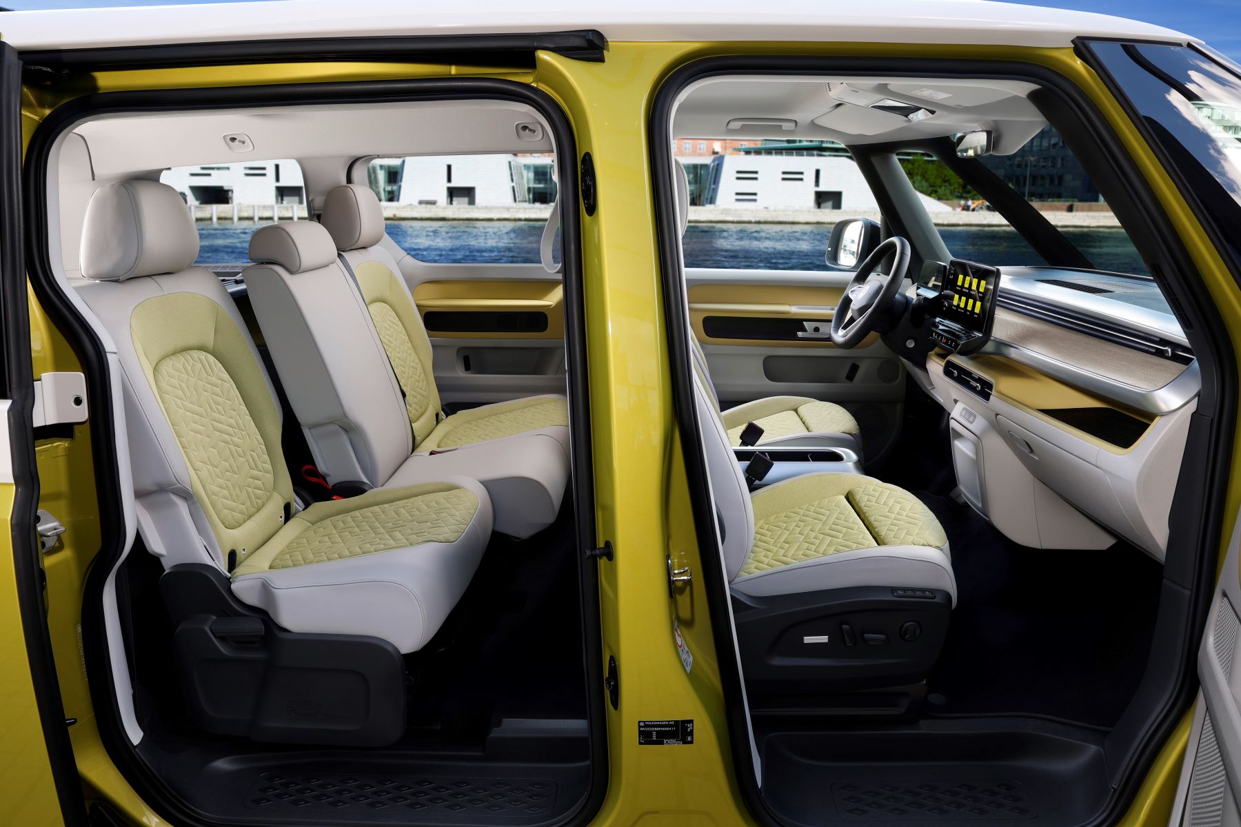 2023 Volkswagen ID. Buzz European model interior cabin seating materials and dashboard layout