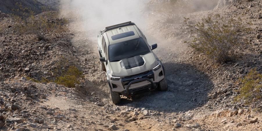 A 2023 Chevy Colorado mid-size truck shows off its capability.