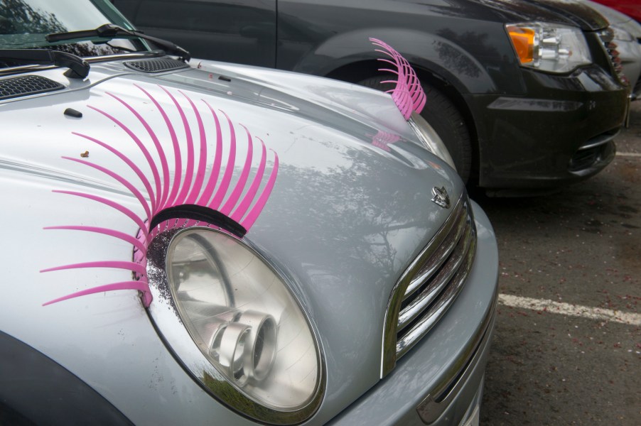 A set of pink car lashes on round headlights.